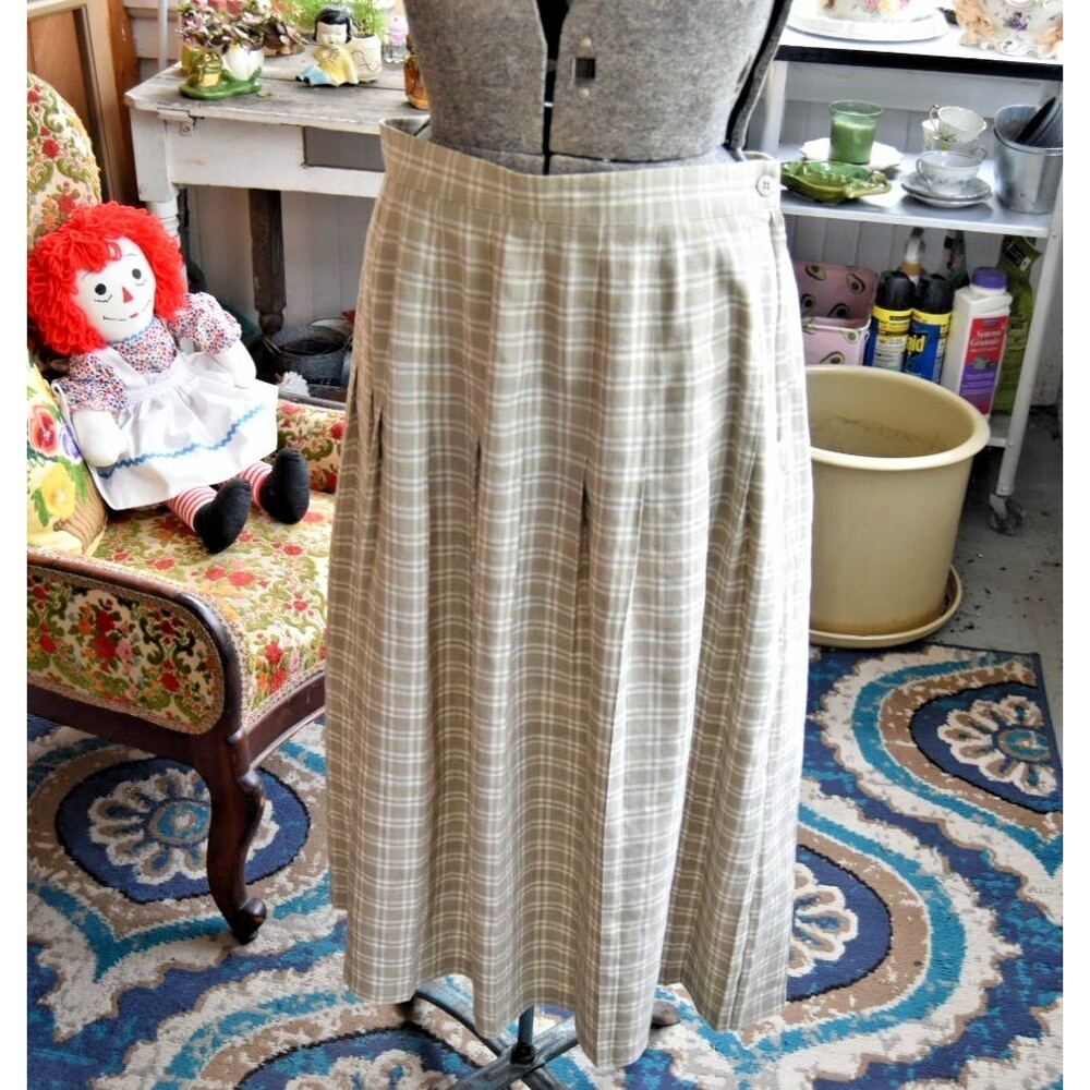 Vintage 80s Plaid Skirt Stanley Blacker Linen Blend Beige and White Size Large